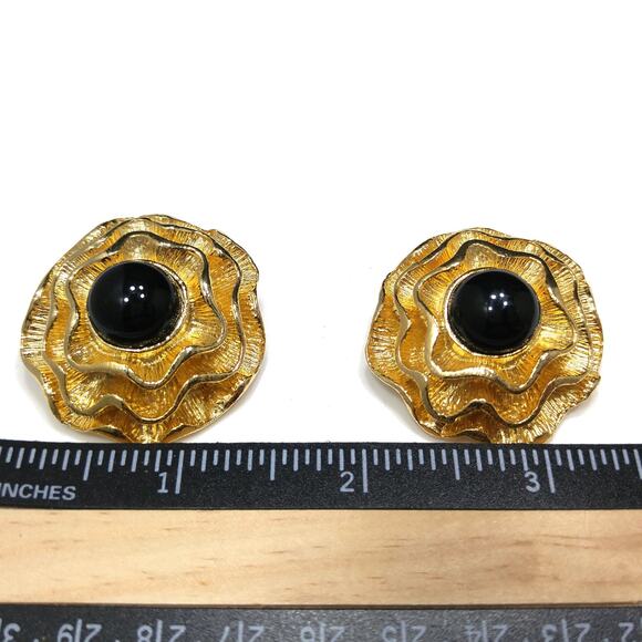 Gold Plated 1950s Musi Floral Shoe Clips, Black Lucite Cabochons - Picture 5 of 8